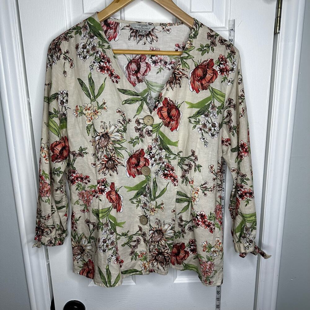 VTG Hester & Orchard Linen Blend Floral Blouse XL Cottagecore Button Front Top - Picture 5 of 14